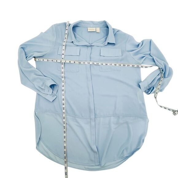 Chico’s Mixed fabric light blue semi sheer button up tunic top size large - Picture 7 of 8
